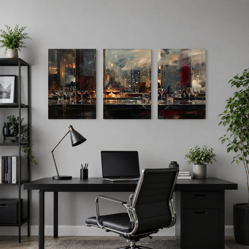 Ensemble de 3 toiles de bar avec verres à vin et à cocktail, H 36 po x l 24 po x 3 pièces