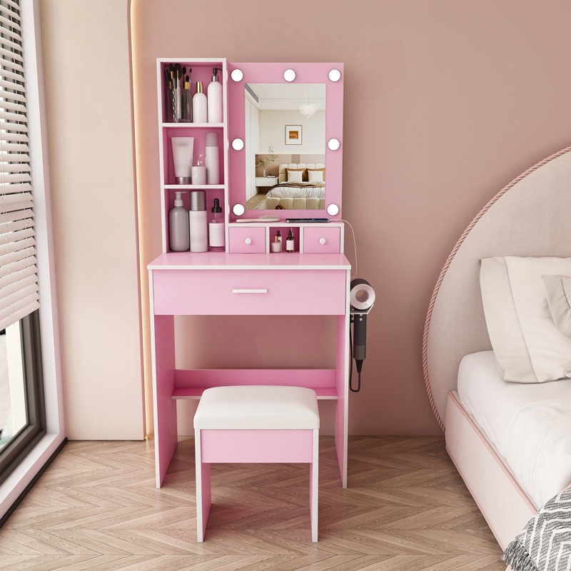 Coiffeuse avec miroir à DEL, prise de courant, support pour sèche-cheveux et tabouret (rose)