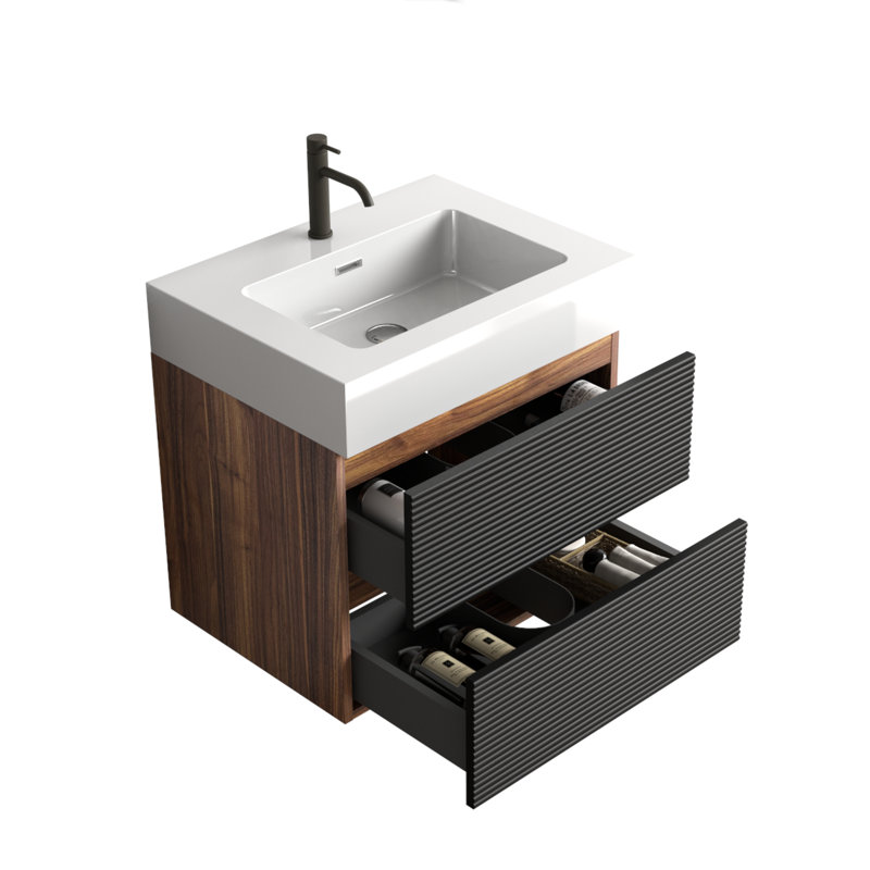 Meuble-lavabo mural flottant 24 po avec double tiroir noir doux | Idée de cadeau