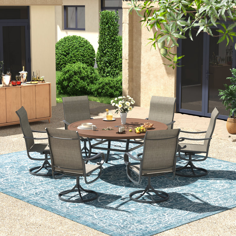 6-Person Patio Dining Set with 50" Round Metal Dining Table and 6 Swivel PVC-coated polyester Chairs, Brushwood Brown/Brown