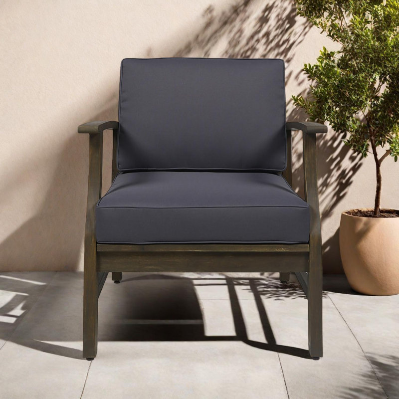 Club Chair With Acacia Wood Frame And Slat Panel Design, Gris, Gris