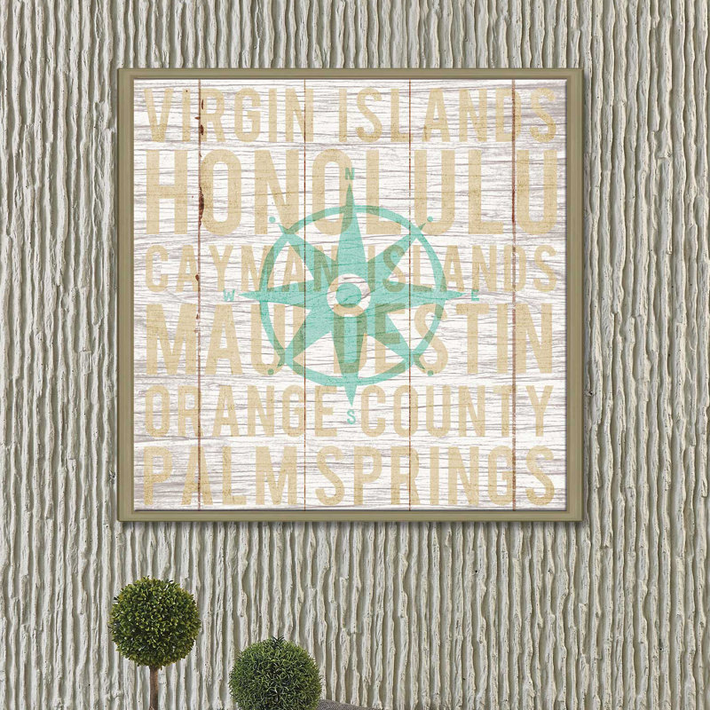 «Bon Voyage Compass», art textuel, H 21,5 po x l 21,5 po x P 2 po, Cadre flottant champagne