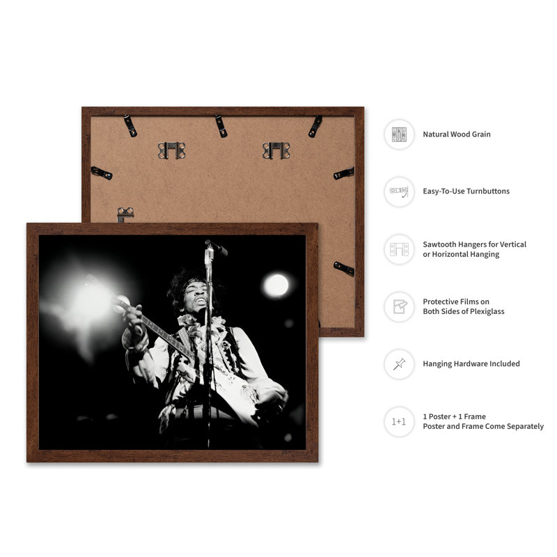 Jimi Hendrix, Poster, 08"H x 10"W, Brown Framed