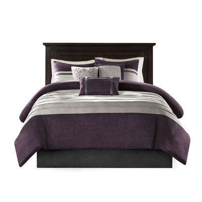 Purple Comforter King 7 Pc - Faux Suede, Transitional Look, , 2 Shams, 3 Decorative Pillows, 1 Bed Skirt Piece Suede King, , Embroidery Matching Skirt, Machine Wash