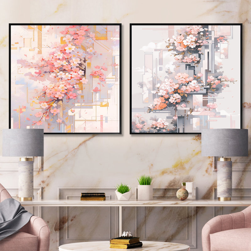 Contemporary Cherry Blossom Bold Stripes - Ensemble de 2 carrés de fleurs de cerisier, Cadre flottant noir, H 16 po x l 33 po