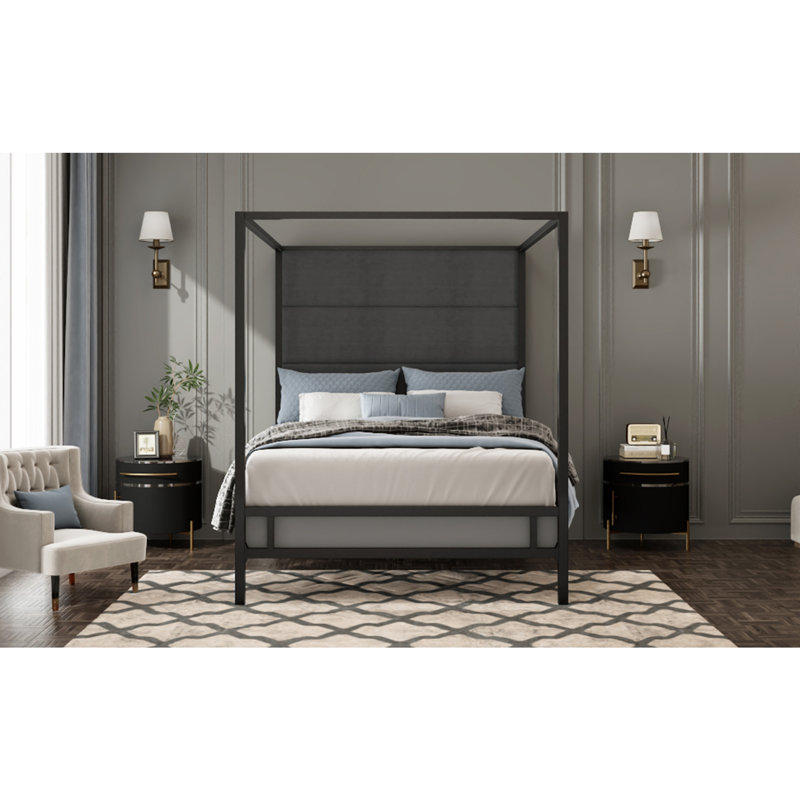 Lit à baldaquin moderne avec tête de lit tapissier en tissu de lin haut de 76,5 po, Grand lit, Noir / gris foncé