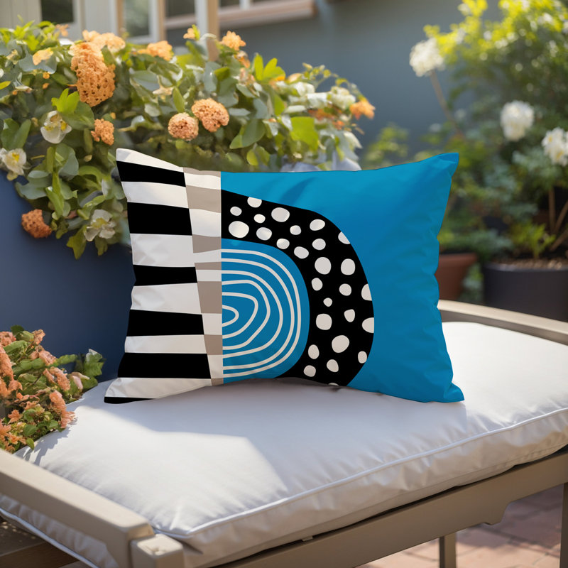 Oreiller rectangulaire réversible intérieur / extérieur Ritter Abstract, H 14 po x l 20 po, Turquoise / noir / blanc cassé