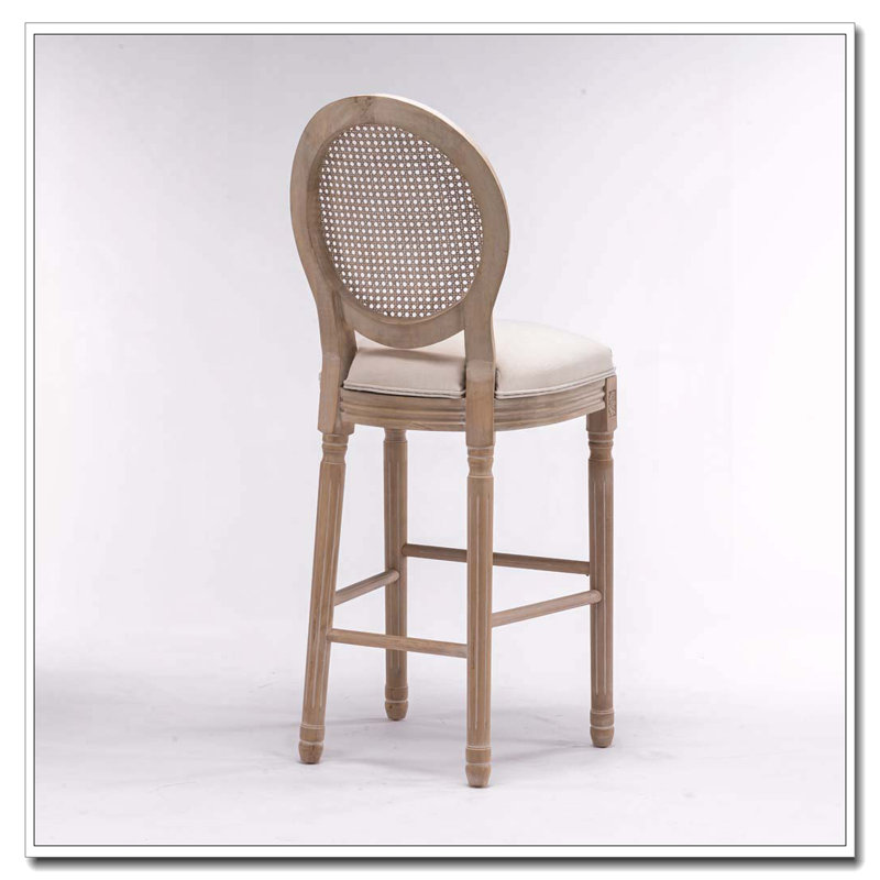 Country Wooden Barstools Rattan Back With Upholstered Seating