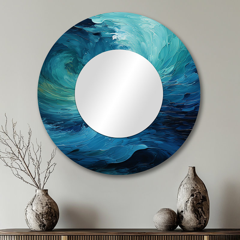 Turquoise bleu et blanc Serenity Swirl II - grand miroir à spirales abstraites, miroir mural décoratif rond moderne, impression d'art en métal