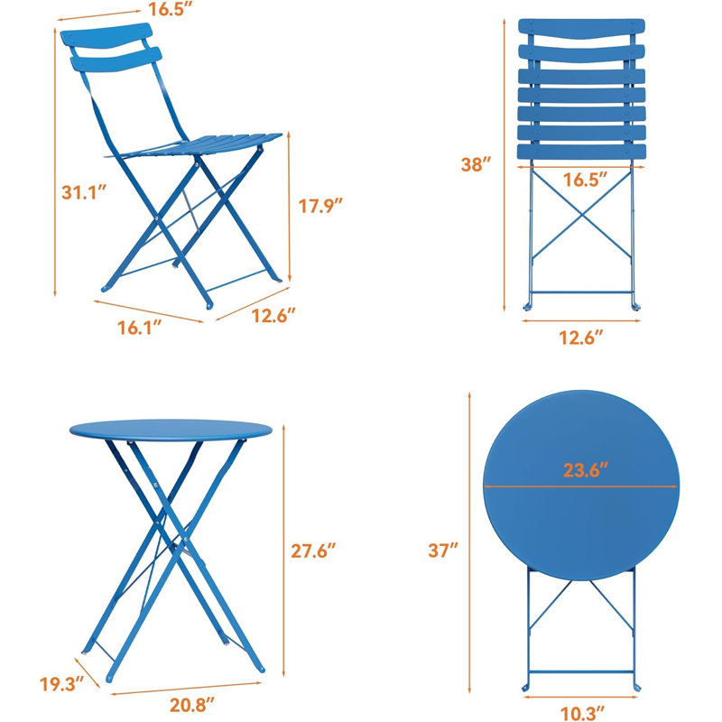 Ensemble bistro 3 pièces - Mobilier de patio pliant peu encombrant en acier avec 2 chaises et table bistro, pour patio extérieur, balcon, jardin