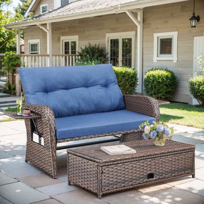 Aluel 61" Long Outdoor Wicker Double Chaise Lounge with Ottoman by Winston Porter