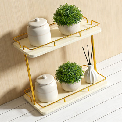 2 Tier Countertop Organizer, Solid Wood Storage Shelf With Gold Metal Frame, Versatile Bathroom Vanity & Kitchen Spice Rack, Makeup And Home Essentials Organizer