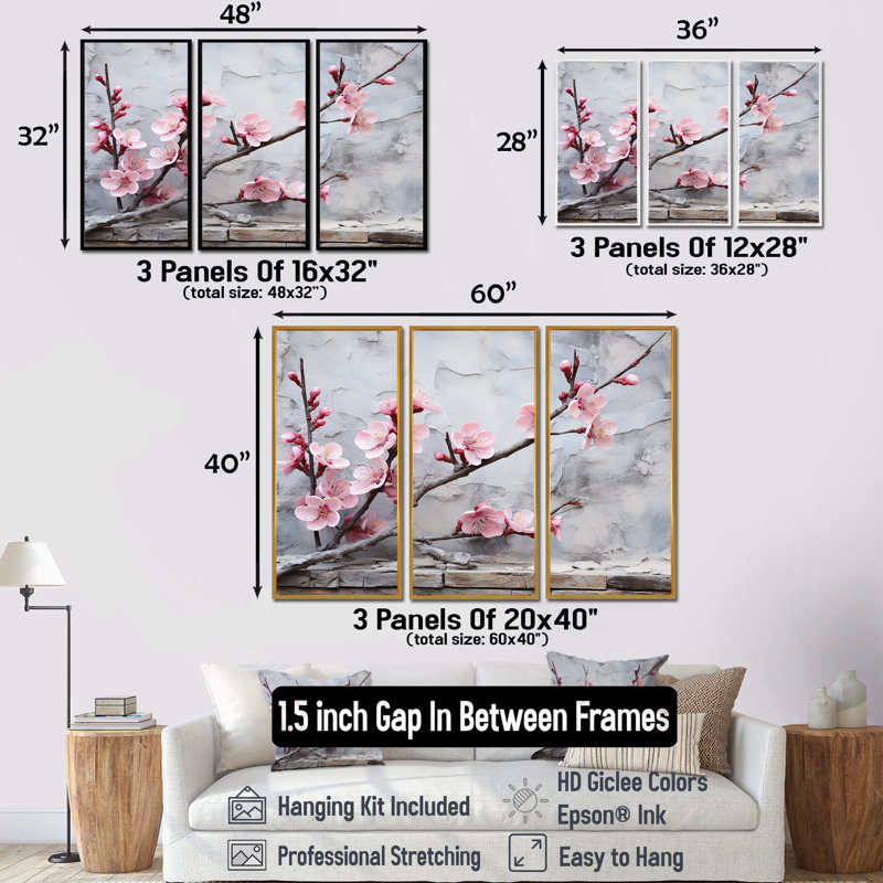 Fleurs de cerisier rose fin de l'hiver - art mural cerisier en fleurs, H 28 po x l 36 po, Encadrement argenté