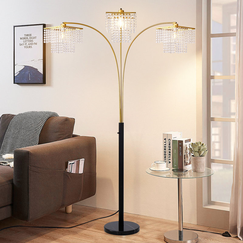 Beckum 84" 3-Lights Novelty Arched Glam Crystal Tree Floor Lamp, Black/Gold, Square