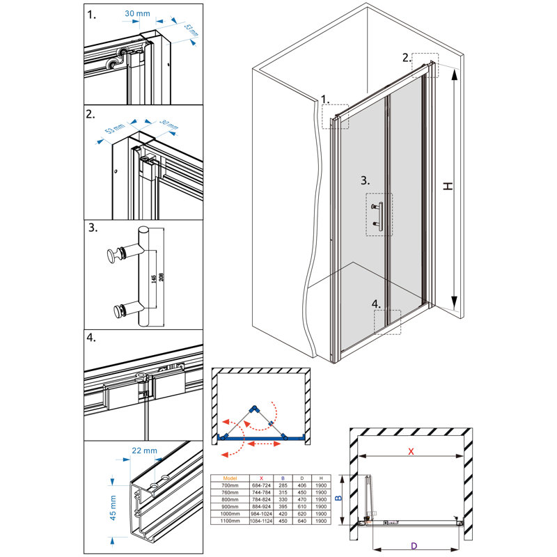 Douros 102cm W x 1900mm H Framed Bi Fold Shower Door with Clear Glass, Chrome