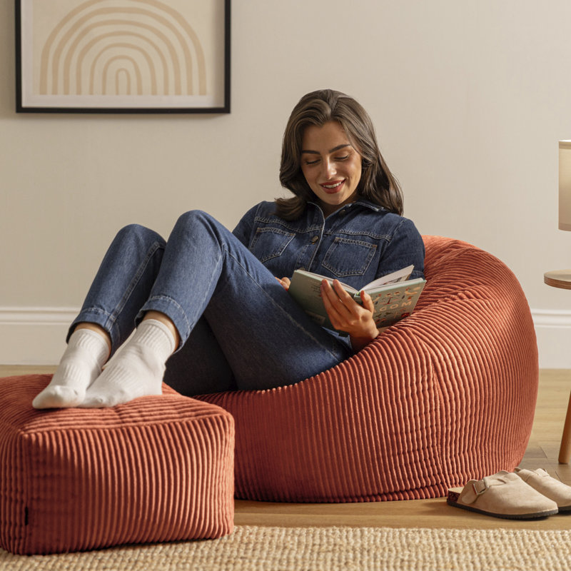 icon Kingston Cord Adults Bean Bag Chair and Pouffe, Ready Filled Beanbag and Footstool Navy Blue, Orange