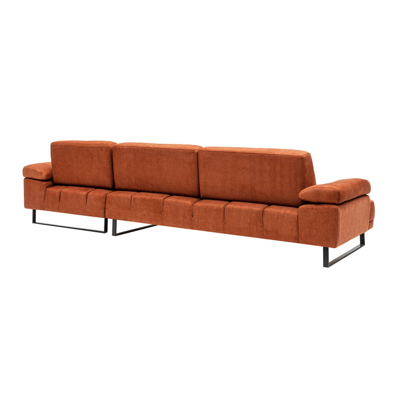 Canapé d'angle moderne avec dossier mobile, tissu orange, 108,3 po x 68,5 po x 32,7 po | Structure et panneau en bois de hêtre, 100% polyester, mécanisme d'accoudoir réglable, coussins en mousse souple et plumes, pieds en métal noir