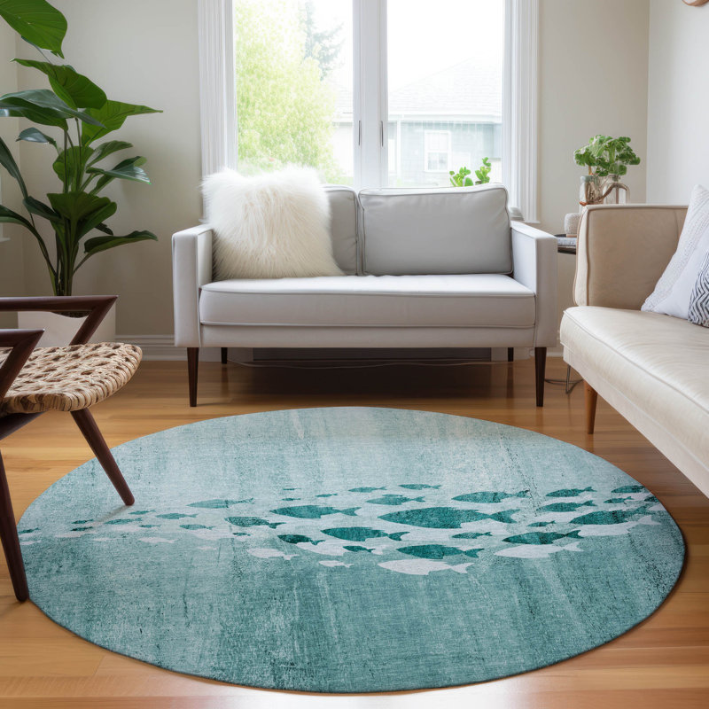 Tapis bleu intérieur / extérieur en polyester tissé à la machine Loreen, Rond 8 pi