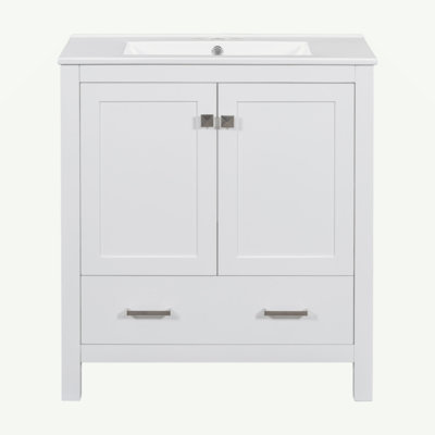 Meuble-lavabo de 30 po avec lavabo simple, meuble-lavabo encastré, armoire de rangement avec 2 portes et un tiroir, fermeture en douceur, rangement multifonctionnel, structure en bois massif