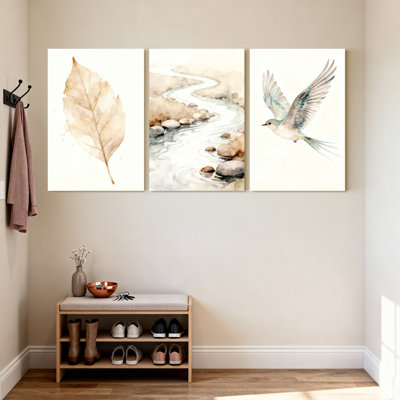 «Watercolor Leaf Stream and Bird», ensemble de 3 reproductions d'art sur toile tendues