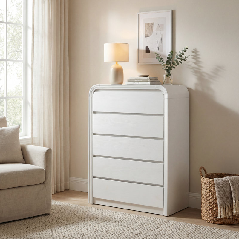 Commode moderne à 5 tiroirs de 80 cm (31,5 po), bords arrondis, idéal pour le rangement dans la chambre., Blanc