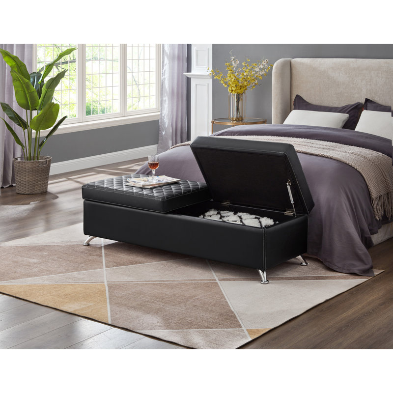 Banc de lit 56,7 po avec rangement en cuir noir, Noir, noir, noir, noir