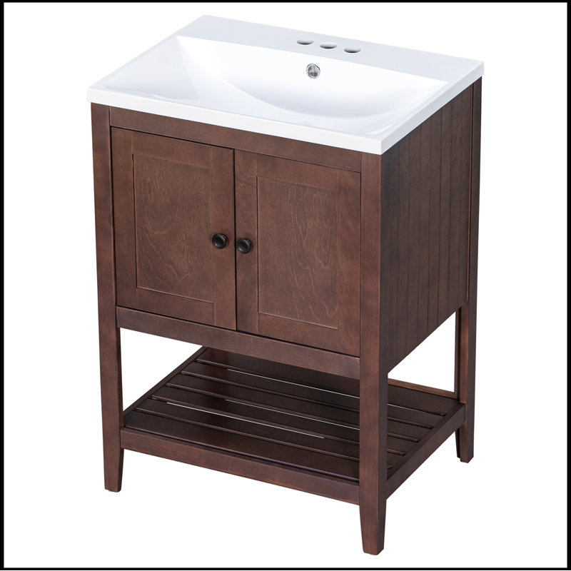 Lavabo de salle de bain moderne et élégant en céramique avec cadre ouvert en bois massif Sabhana, Brun