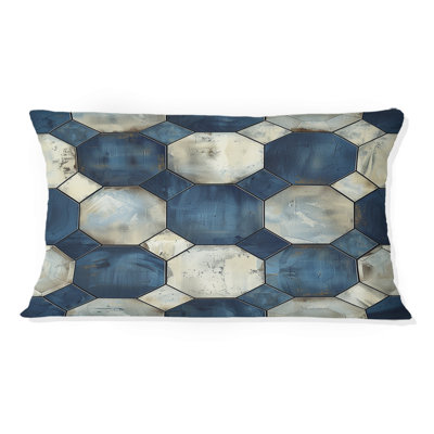 Coussin lombaire Mid-Century à imprimé hexagonal bleu et beige