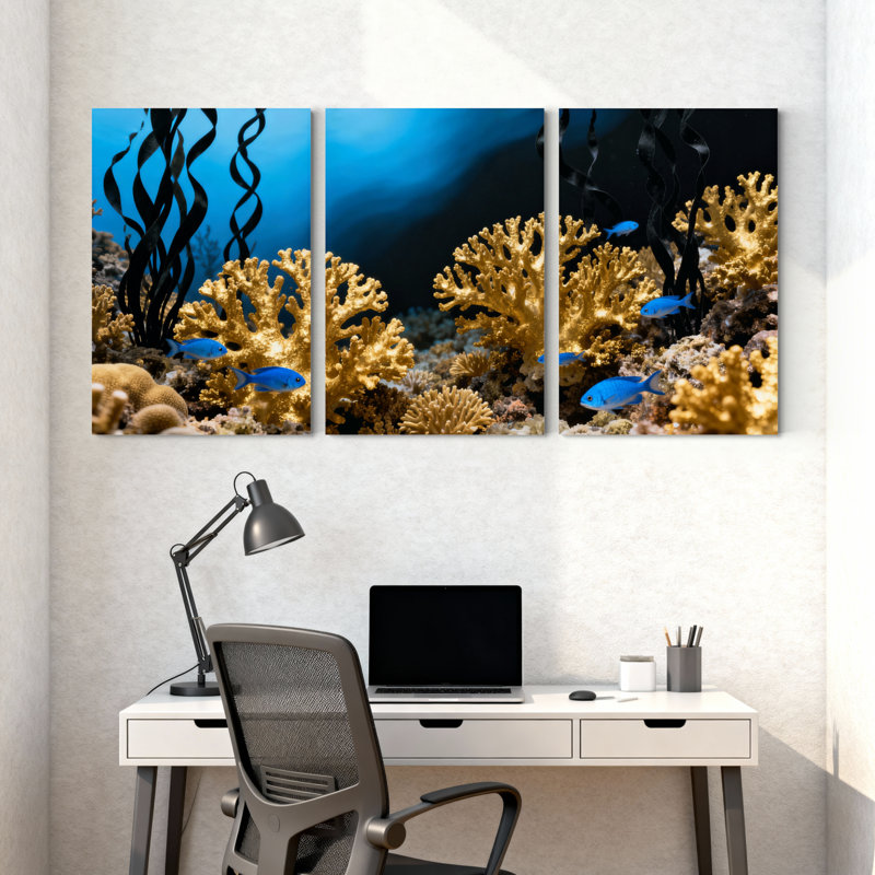 Ensemble de 3 impressions sur toile récif de corail sous-marin avec poisson bleu, H 24 po x l 48 po