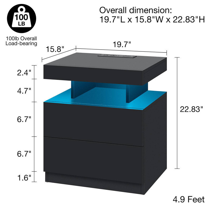 Modern Nightstand With Wireless Charging Station And LED Light ( Set Of 2 ), Black