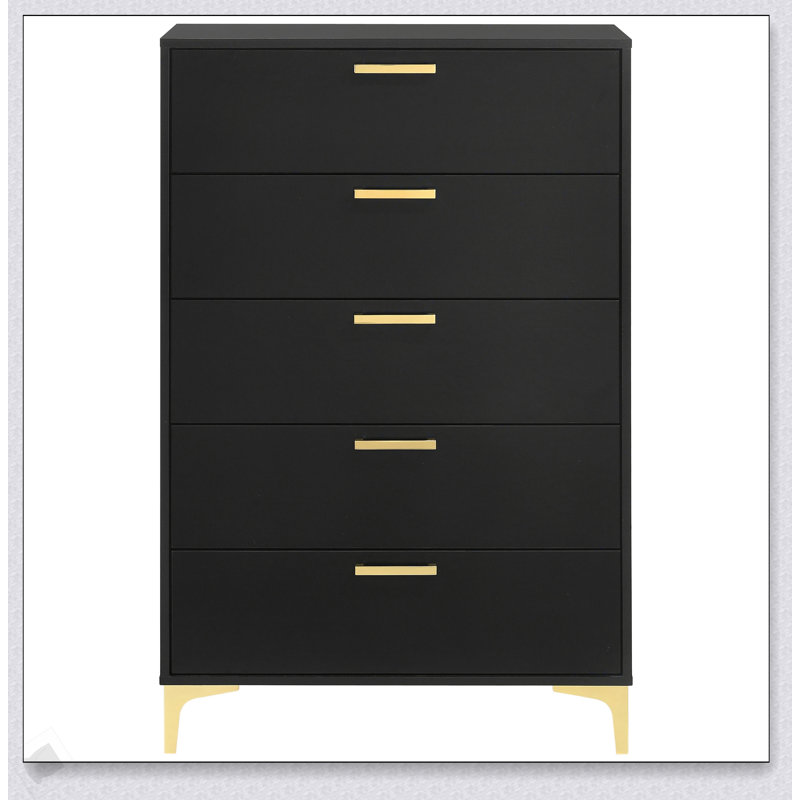 Commode rectangulaire à 5 tiroirs Lexie noir / or avec rangement spacieux et design élégant pour les chambres modernes