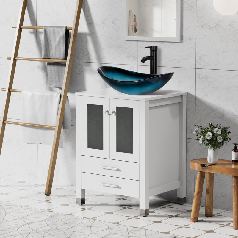 Ensemble de meuble-lavabo simple 24 po avec plateau en contreplaqué et pieds en bois massif , Bleu, Blanc