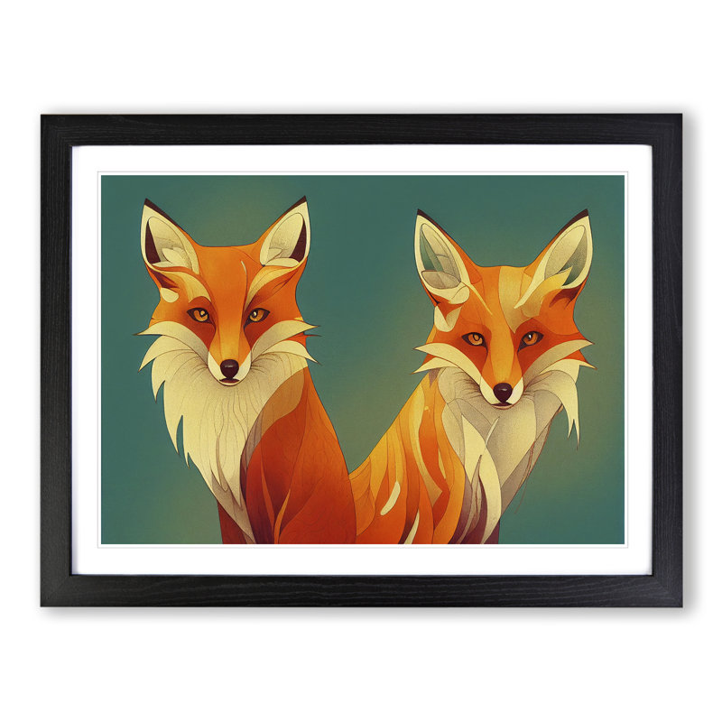 Delightful Foxes - Single Picture Frame Print, 46cm H x 64cm W x 2cm D, Black