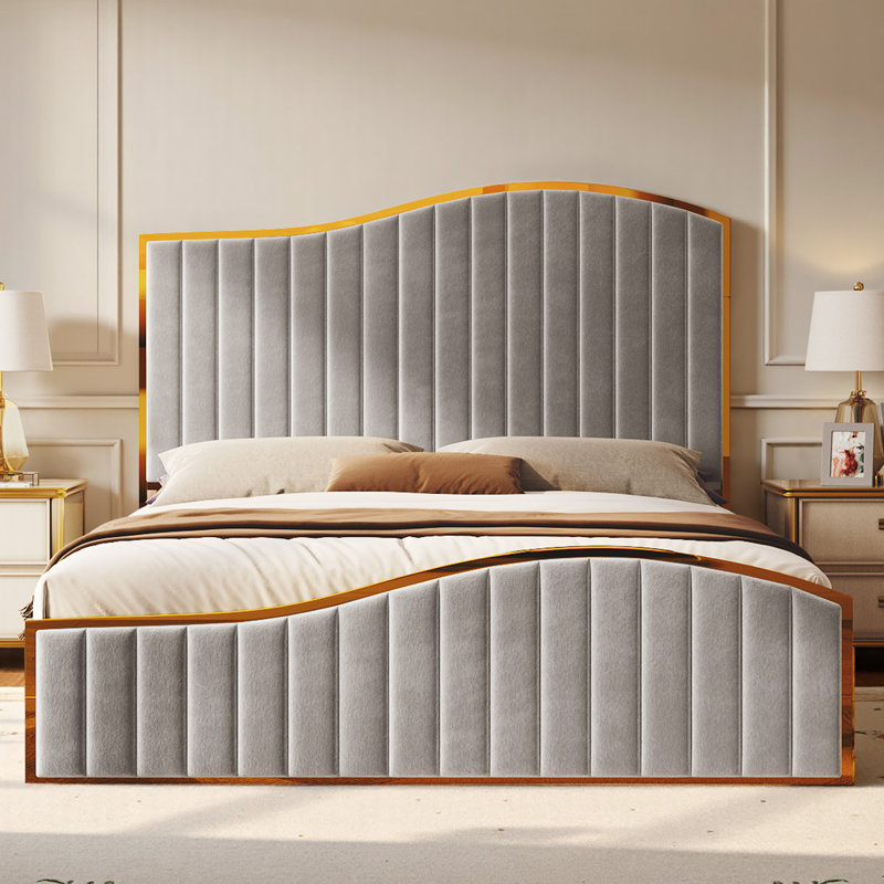 Cadre de lit king size Duncanville capitonné avec tête et pied de lit en forme de harpe, gris, Très grand, gris