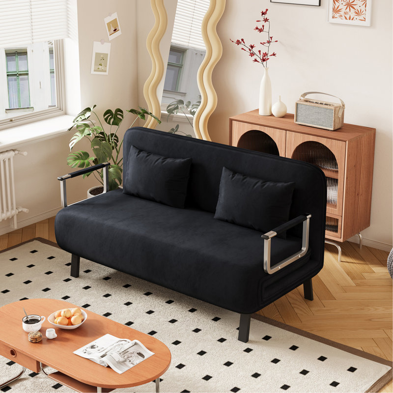 Velvet Black 55″ Convertible Chair Bed, Tri-Fold Sofa Bed With Adjustable Backrest & Pillow, Leisure Chaise Lounge Couch With Sturdy Steel Frame For Home & Office, Comfortable Sleeper Chair
