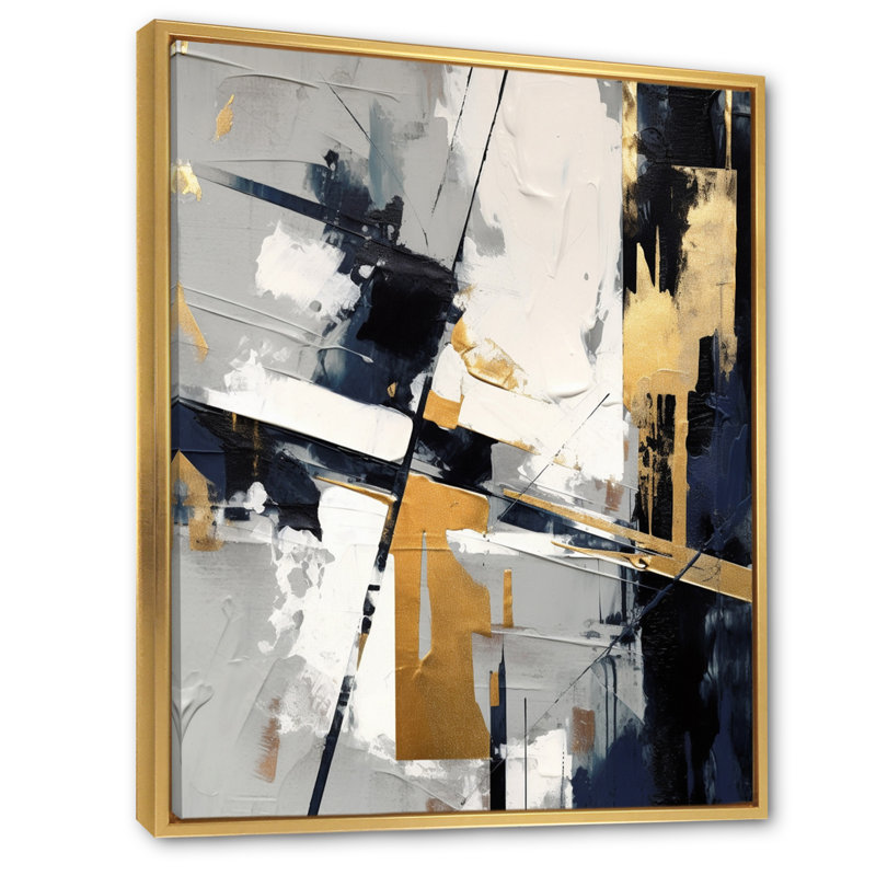 «Grey and Gold Impressions Transcendent II - Abstract Shapes», art mural, H 40 po x l 30 po x P 1,5 po, Cadre flottant doré