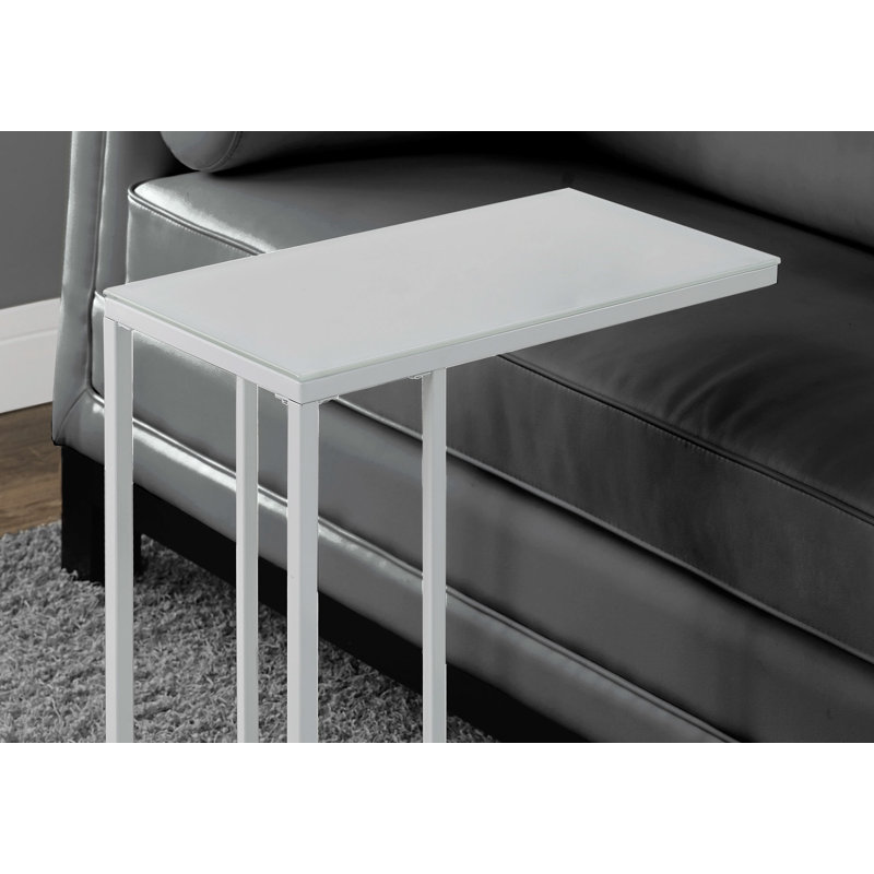 Contemporary C-Shaped Accent Table, Tempered Glass, White Metal, For Living Room/Bedroom/Snack Use | Gift Idea, White, White