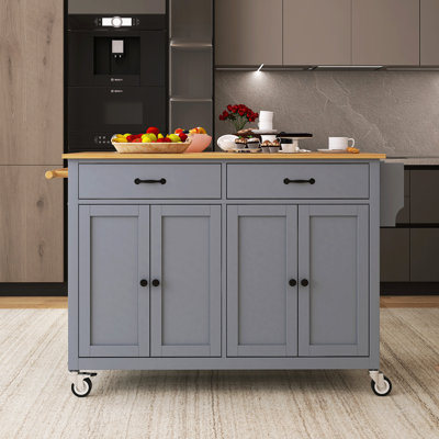 Chariot de cuisine de 54,3 po de largeur avec plateau en bois massif Adalid