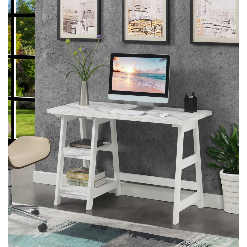 Bureau d'ordinateur réversible Saribek, Faux marbre blanc / blanc
