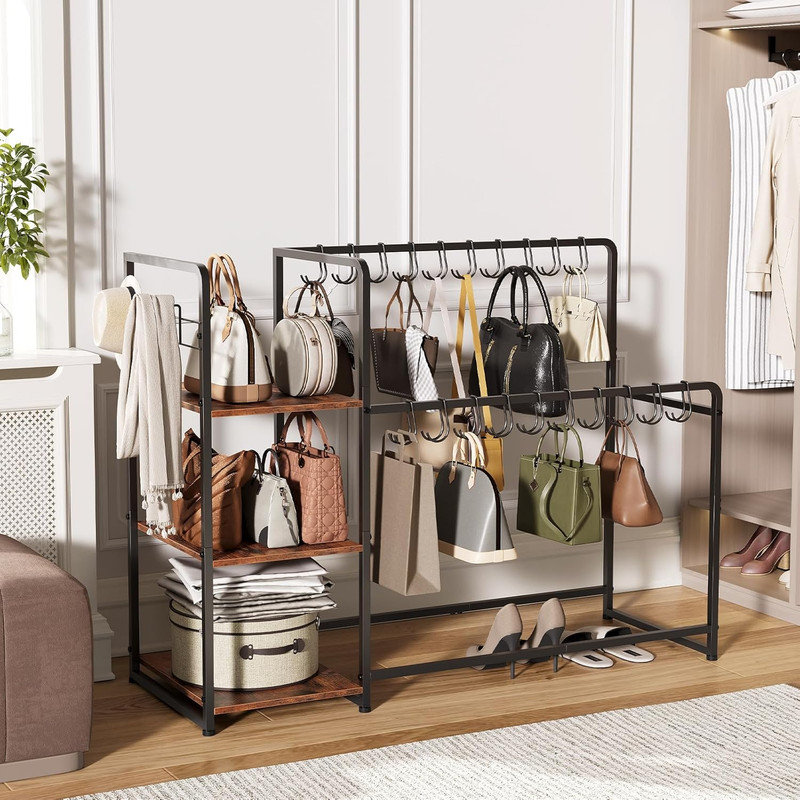 Support de rangement à 3 niveaux pour garde-robe - 20 cintres, 3 crochets, roulettes, support de sac à main en bois pour chambre à coucher