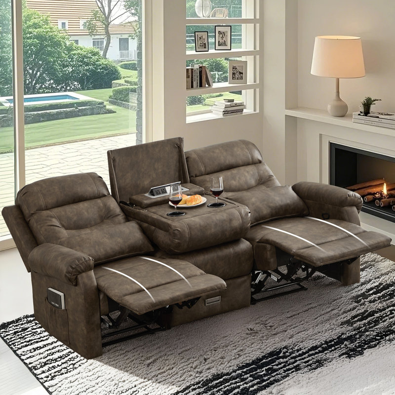 Manual Reclining Loveseat With Drop-down Console, Pu Leather 2-seat Recliner Sofa With Cup Holders And Charging Ports