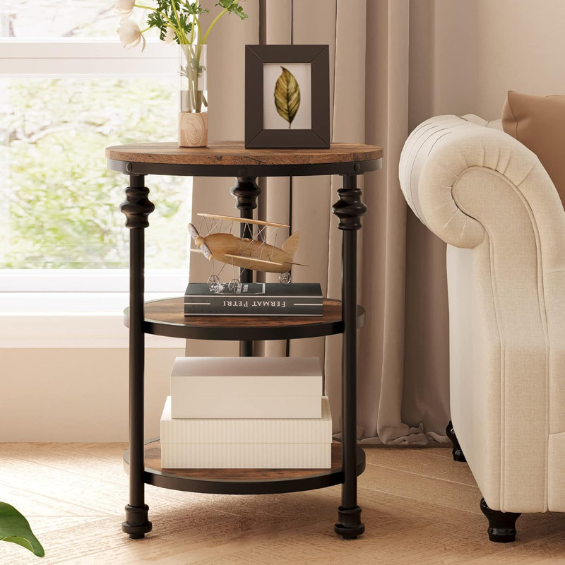 Round End Table, Small Side Table with 3 Shelves, Brown