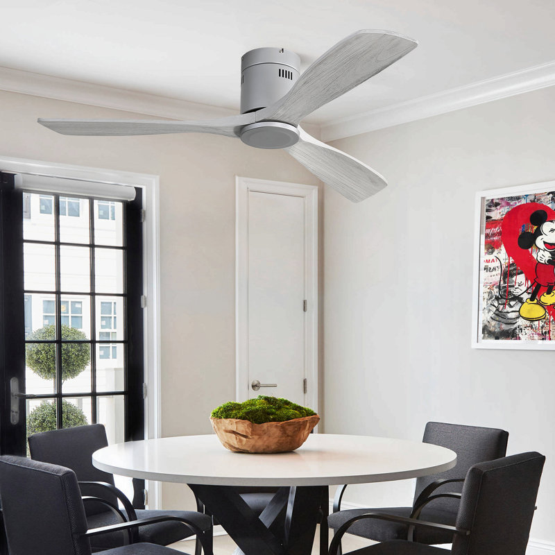 52 Inch Low Profile Ceiling Fan Dc 3 Carved Wood Fan Blade Noiseless Reversible Motor Remote Control Without Light, Silver