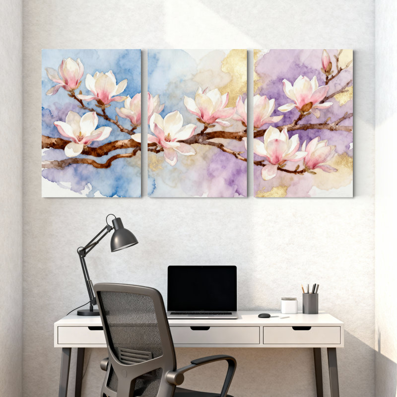 «Magnolia Magnolia Flowers on Branch», ensemble de 3 impressions sur toile, H 30 po x l 60 po