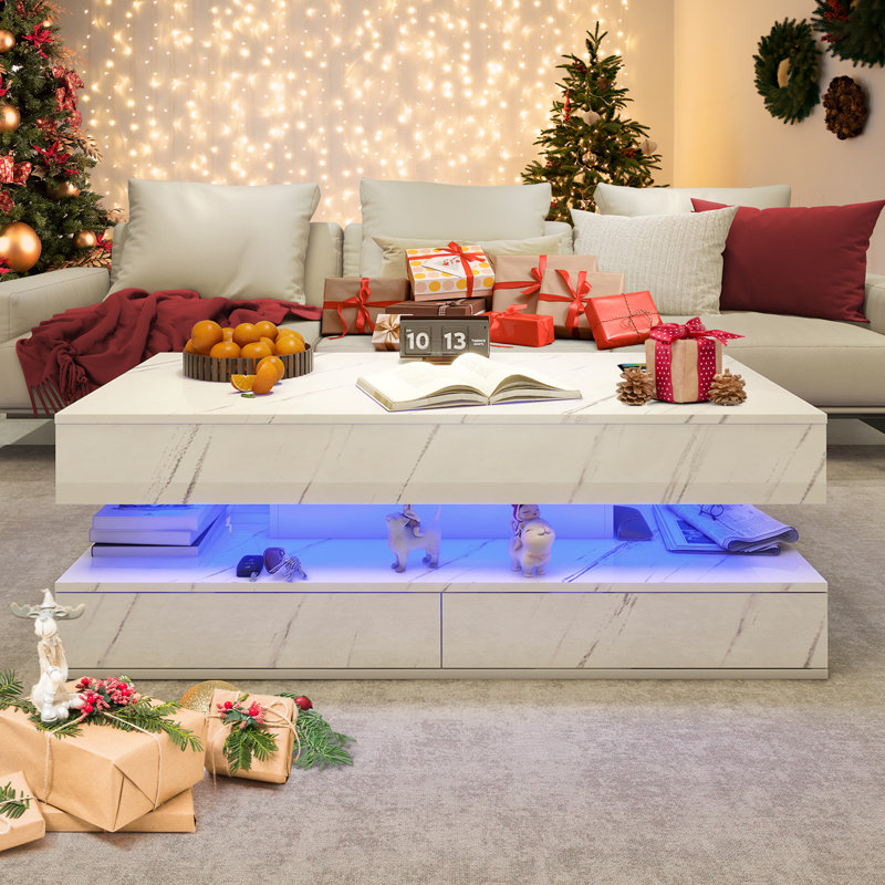 Modern High-Gloss Coffee Table With 2 Sliding Drawers, 16-Colour LED Lights, Wireless Charging & Integrated Speaker, White