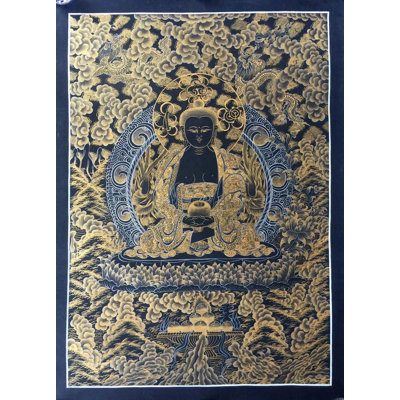 Amitabha Buddha Kalo Sunaulo (Golden Black) Thangka (Brocadeless Thangka) | 24 Carat Gold On Canvas