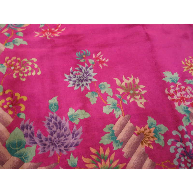 Antique Rectangle Wool Hand Knotted Pile Floral 1920s Coral / Salmon Pink Rug