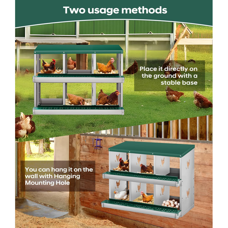 Chicken Nesting Box for Laying Eggs, 6 Compartment Metal Nesting Box,Wall Mount Chicken Nesting Boxes,Easy Egg Collection,Laying Boxes for Chickens Coop to Protect Eggs,Green