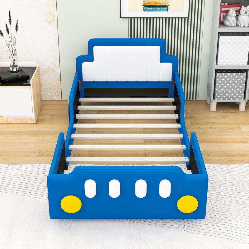 Twin Size Race Car-Shaped Platform Bed With Wheels And Slats, Blue