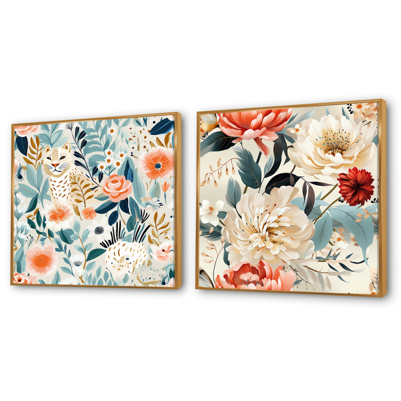 Eaubonne - Ensemble de 2 collages carrés floraux, Cadre flottant doré, H 36 po x l 73 po